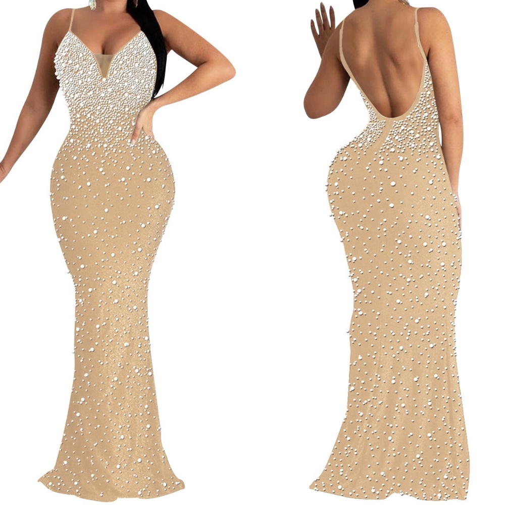 Fashion Maxi Evening Dress  rhinestones and beads details. New Size XL Strech M.